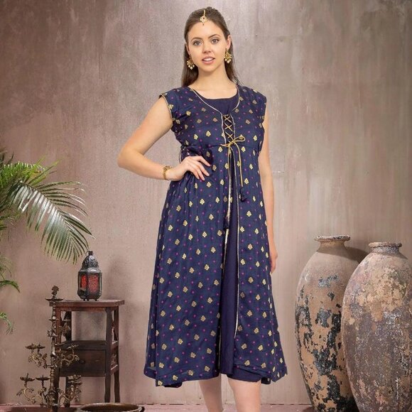 Buy EthnoChic Midnight Blue Silk Dress Online | Muvvas Boutique - Picture 3 of 5